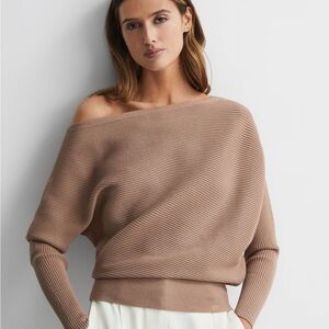 Reiss Lorna Camel Asymmetric Off The Shoulder Drape Knitted Top Small